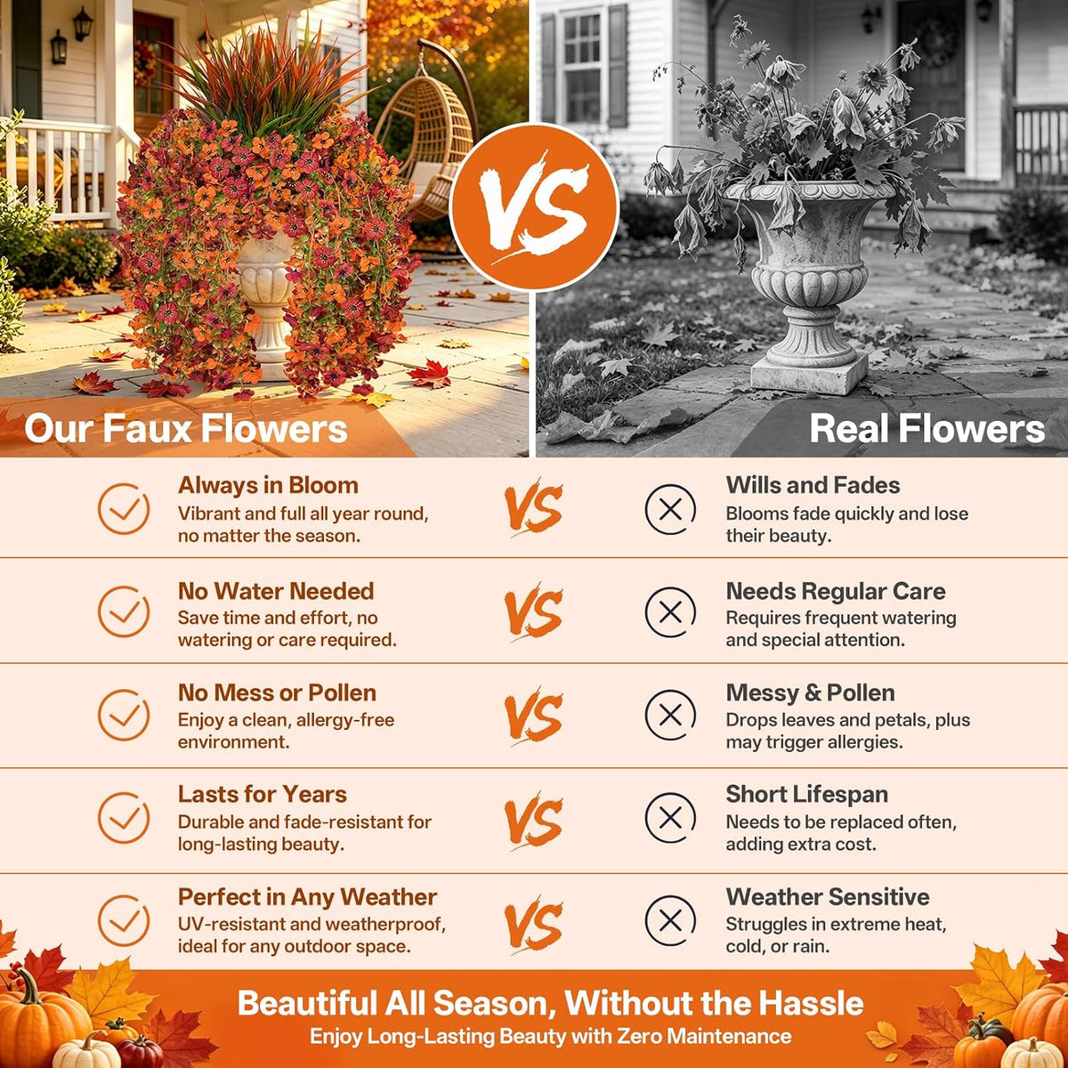 artificial fall hanging flowers for outdoor, five-petaled faux, side view