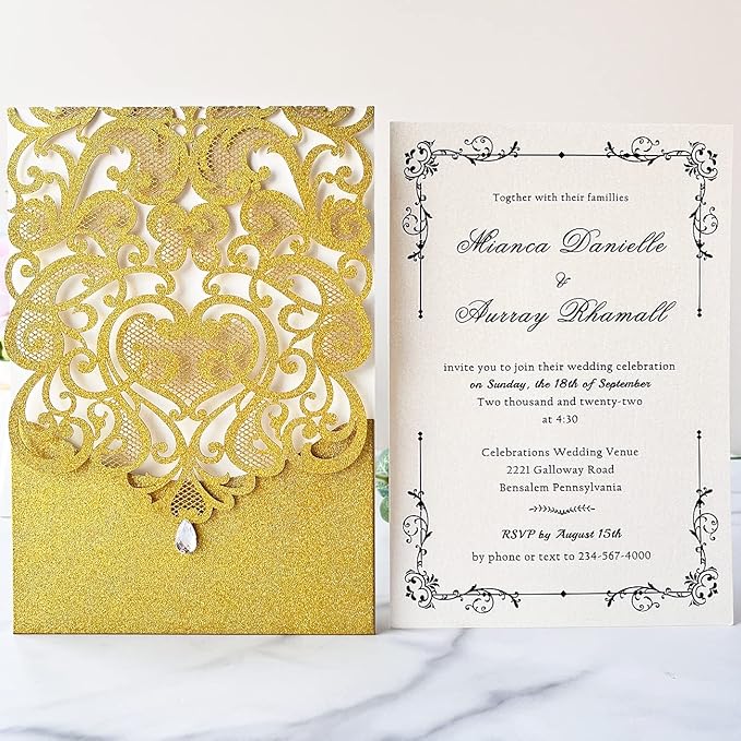 Hosmsua 50PCS Blank Wedding Invitation Cards 5 x 7.3 Inch Gold Laser Cut Hollow Heart Floral Invitation with Rhinestone pockets invitations for Engagement Quinceanera Invite (Gold Glitter)