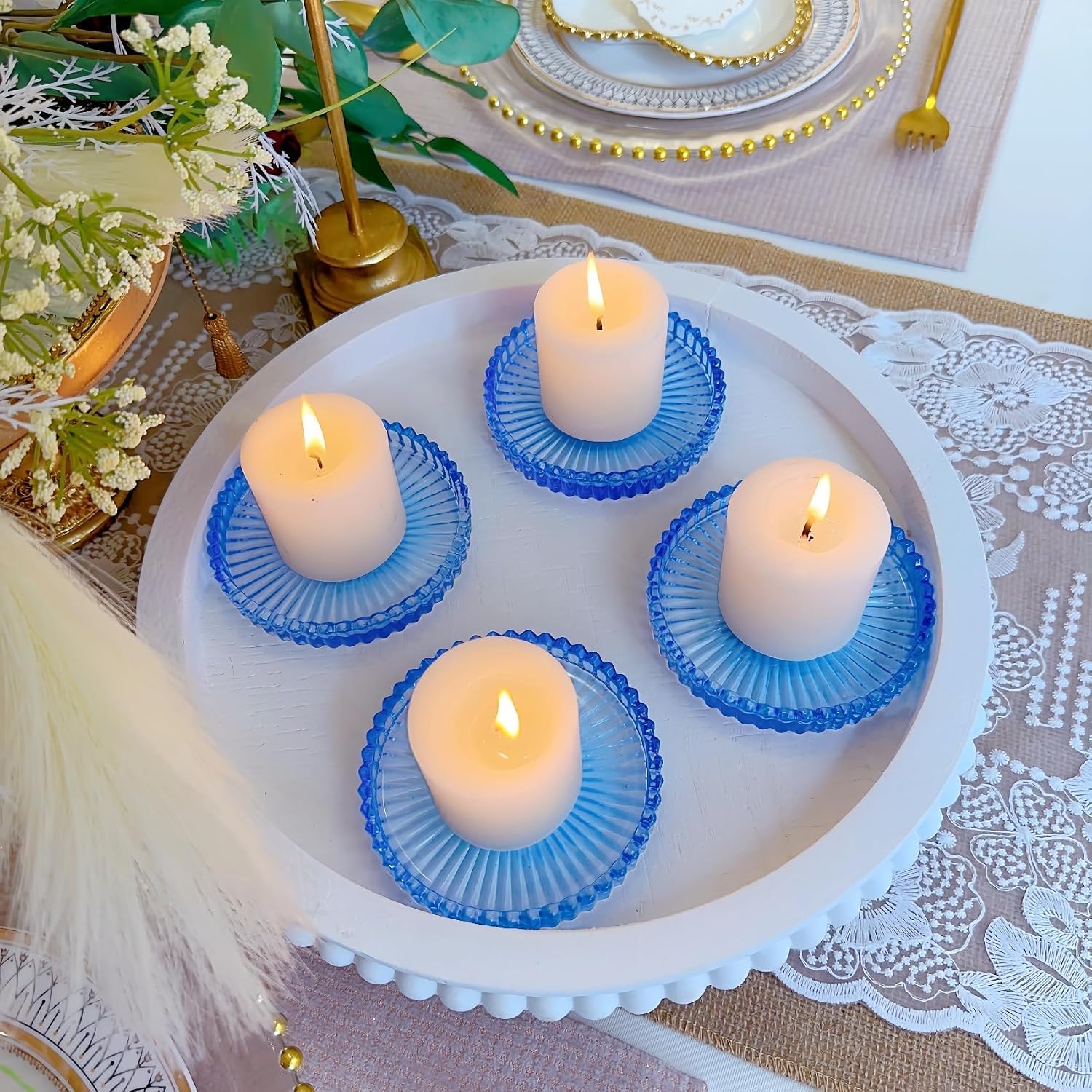 3.8 Inch Blue Glass Pillar Candle Holder Plates Set of 4 Coaster Holder Round Candle Stand for Table Centerpieces, Wedding,Party,and Home Decor