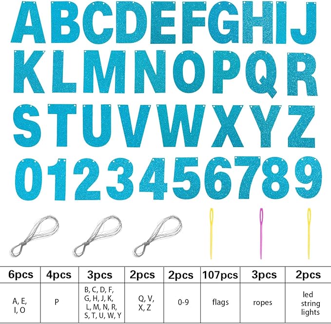 TaoBary 112 Pcs DIY Letter Kit Glitter Customizable Banner Letters Include 107 Letters and Numbers 3 Rope and 2 Needles for Birthday Halloween Christmas Wedding Valentine Party Decor(Baby Blue)
