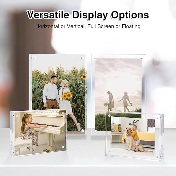 HOUSE DAY Acrylic Picture Frames 5x7, 1 Pack Magnetic 5x7 Picture Frame, Double Sided Clear 5 x 7 Photo Frame with Microfiber Cloth, Frameless FreeStanding 5x7 Frame Gift for Desktop Display