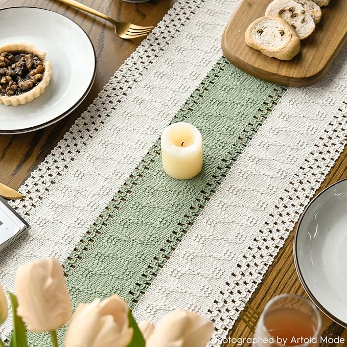 Artoid Mode Light Green Farmhouse Rustic Table Runner, Seasonal Holiday Hollow Kitchen Dining Table Decoration for Home Party Decor 12x72 Inch