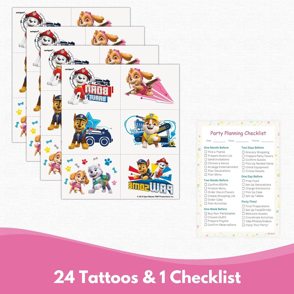 Unique Skye Paw Patrol Party Favors for 16 - Skye Paw Patrol Birthday Decorations - Bundle with Goodie Bags, Blowouts, Tattoos, Stickers, Checklist - Pink Party Favors