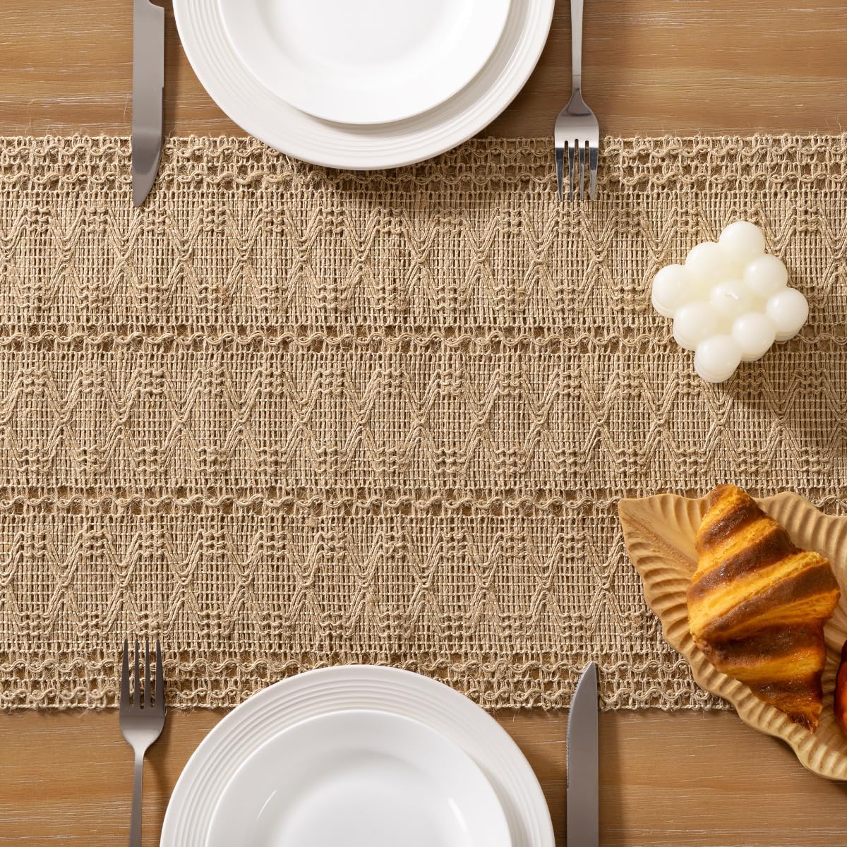 Socomi Boho Table Runner Summer Farmhouse Burlap Jute Bamboo Rustic Dining Kitchen Centerpiece Decor Small Macrame Woven Coffee Table Runner for Dresser Scarf Home Decor 12x36 inch
