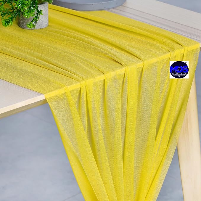 MDS 20 Pack 10ft Chiffon Table Runner 29 x 120 Inches Sheer Wedding Runner Romantic Rustic Table Runner for Wedding Decorations, Birthday Parties, Bridal Shower Party Arch Decor - Yellow