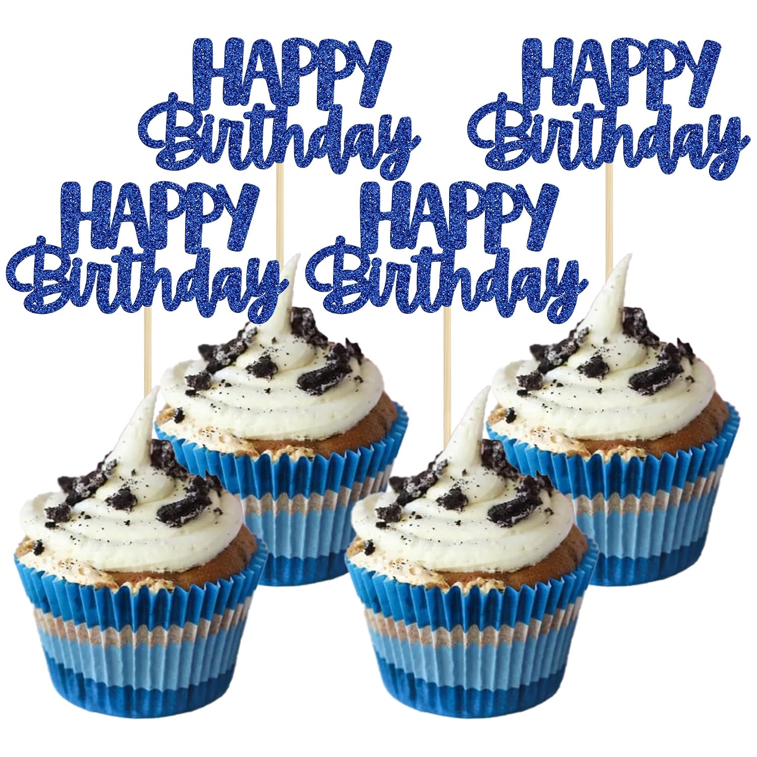 Gyufise 24Pcs Happy Birthday Cupcake Toppers Glitter Cupcake Food Picks for Celebrating Happy Birthday Theme Party Cake Decorations Supplies Deep Blue