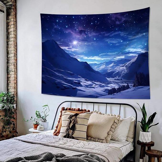 QGHOT Winter Tapestry Wall Hanging Snow Scene Backdrop Snow Mountain Wall Decor Blue Nature Landscape Snowy Large Tapestry for Bedroom Room Dorm, Large
