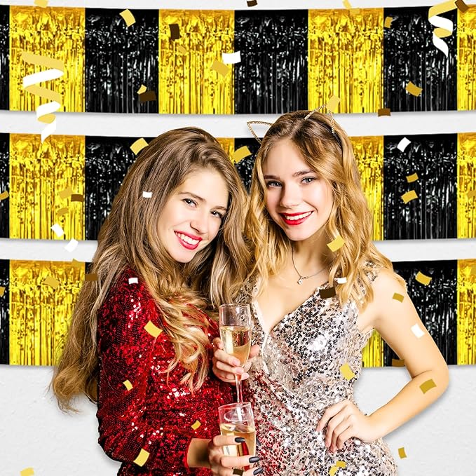 6 Pack 10 Feet Black Gold Foil Fringe Garland Metallic Tinsel Streamers Banner Wall Hanging Curtain Backdrop for Parade Floats, Birthday, Graduate, Mother's Day, Wedding Party Decoration