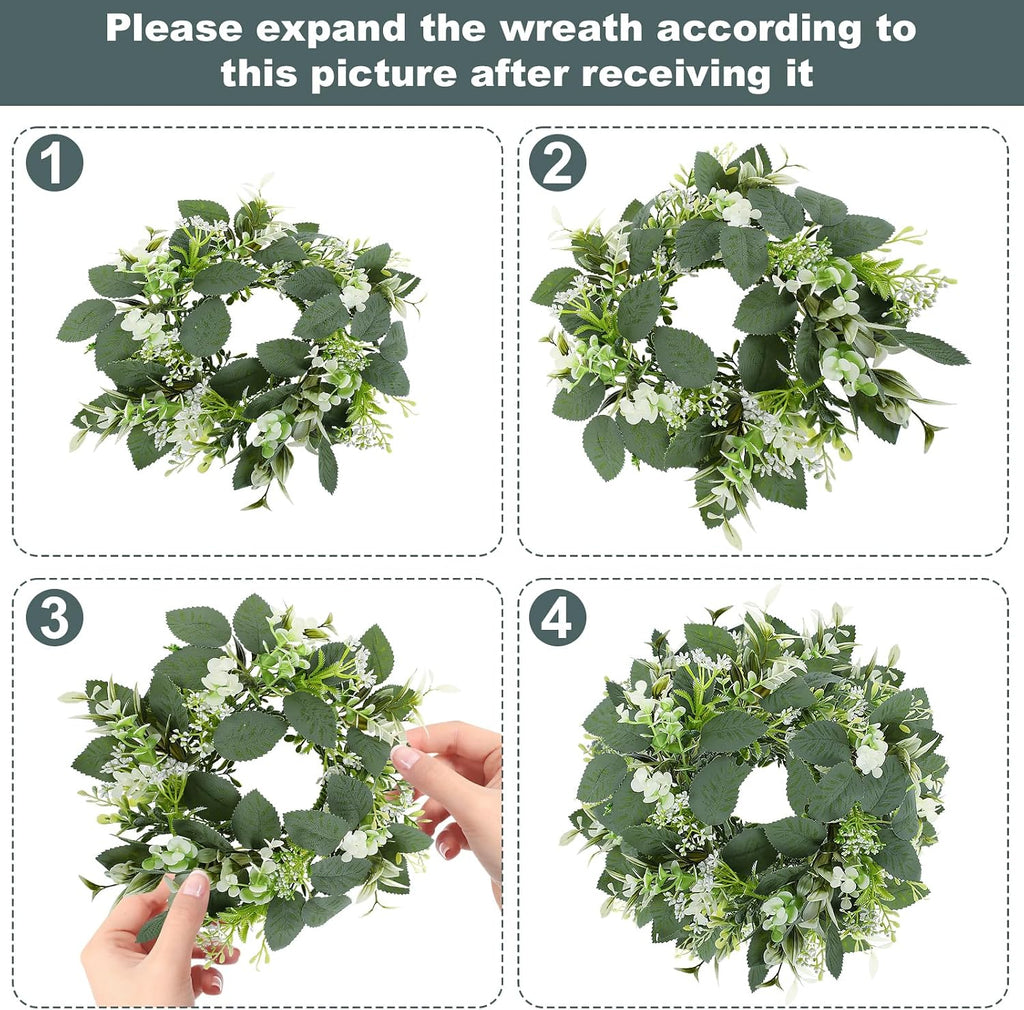 6 Pcs Artificial Eucalyptus Candle Rings Wreaths, 9 Inch Small Eucalyptus Wreath with Baby Breath, Greenery Candle Wreath Rings for Pillar Candle Table Centerpieces Wedding Home Decor