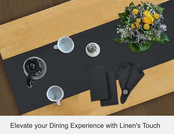 Ruvanti Linen Table Runner 108 Inches, Classic Hemstitch, Washable, Reusable, Non-Slipping, Stain Resistant- Perfect for Parties, Weddings, Dinners, Thanksgiving, Christmas, Indoor use – Black