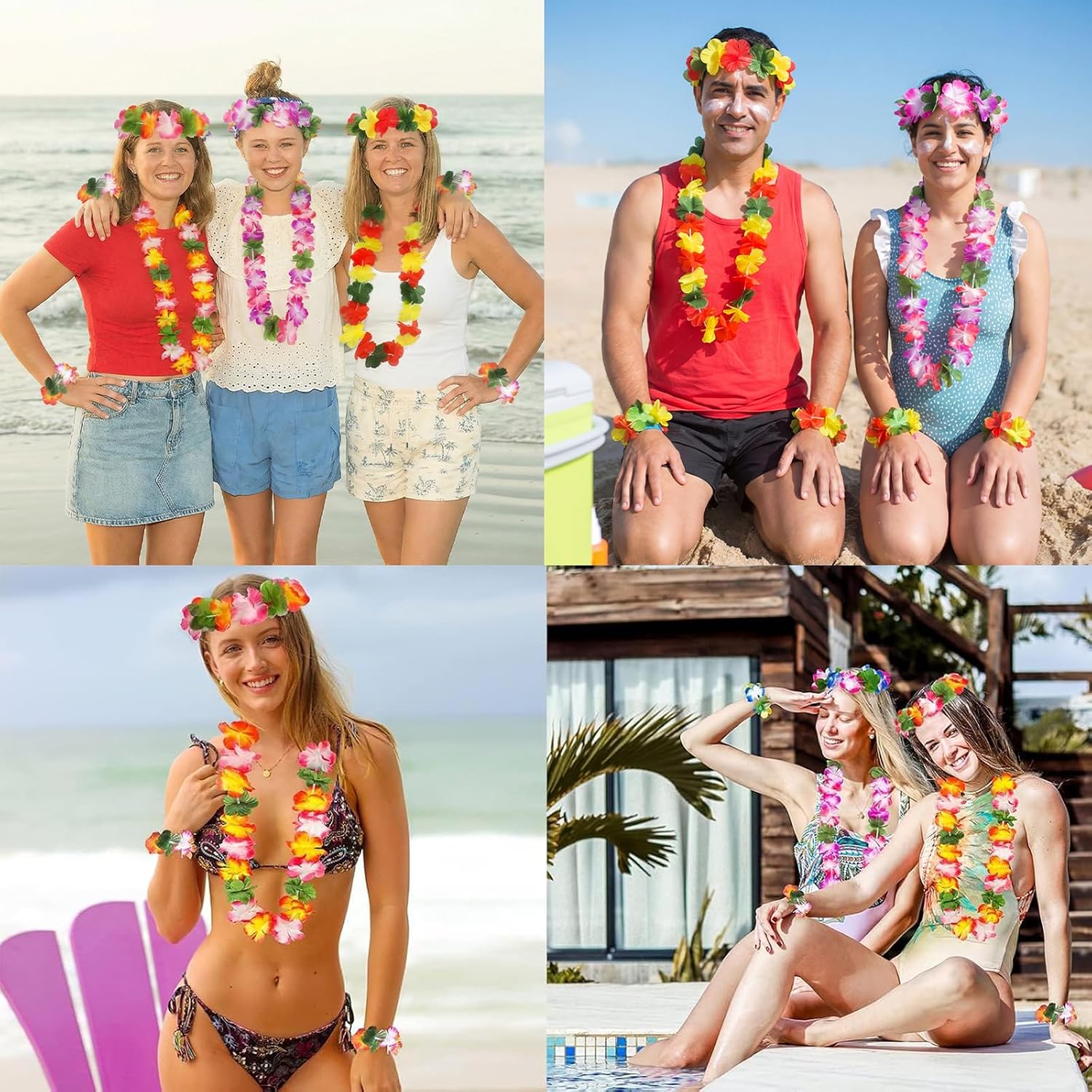 jollylife 60PCS Hawaiian Luau Leis Necklaces Bracelets Headbands Hibiscus Flowers Tropical Tiki Summer Pool Party Supplies Bulk