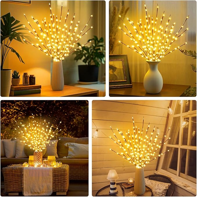 DK177 4 Pack Led Branch Light Battery Operated Lighted Branch Vase Filler Willow Tree Artificial Little Twig Power Brown 30 Inch 20 LED for Home Romantic Decoration, Warm White