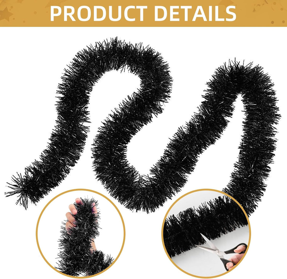 150 ft black tinsel garland - holiday tinsel, close-up detail