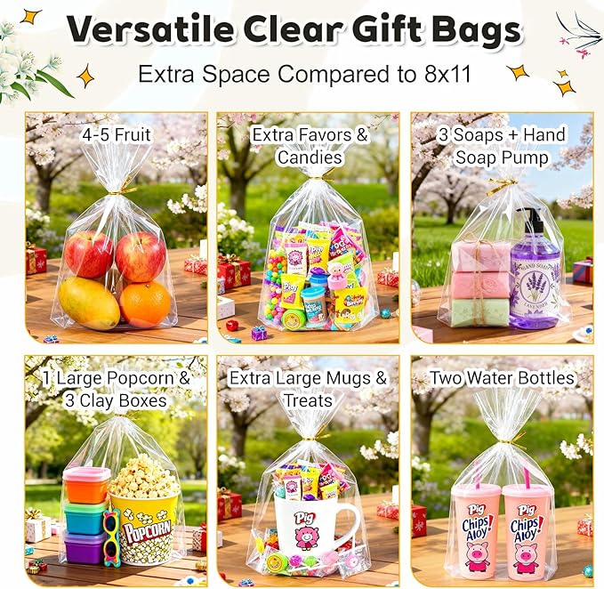 PigPotParty 10"x 14", 50Pcs Bottom Gusset Bags, Clear Plastic Gift Cellophane Mug Treat Goodie Bags with 50x Twist Ties, Large Party Favor Packaging, Toy Wrapping (No Side Gusset)
