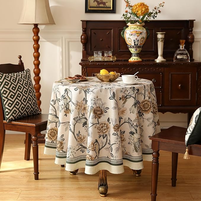 ISAENNE Designer Vintage Linen Small Round Table Cloth,Floral and Bird Pattern Elegant Tablecloth,Fall Wrinkle Resistant Home Decor Tablecloths for Dining Kitchen,Diameter 55"-Murad A