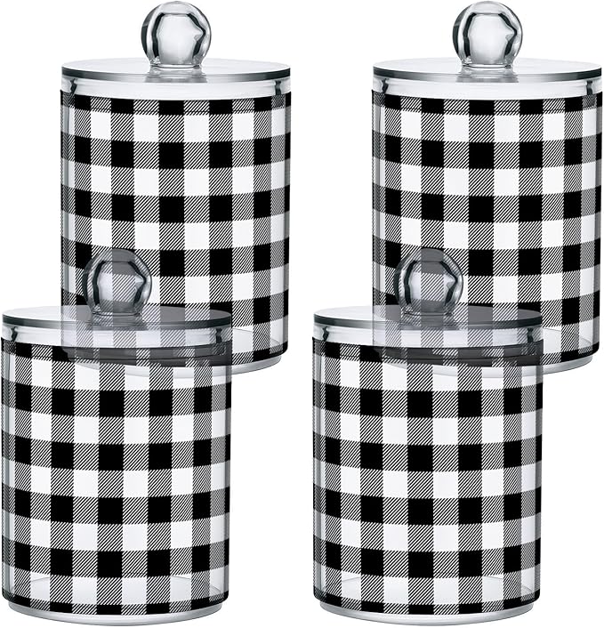 Gredecor Qtip Holder Dispenser 2 Pack Black White Classic Buffalo Plaid Bathroom Decorative Storage Canister Holder Counter Vanity Organizer for Cotton Ball Swabs Pads Floss