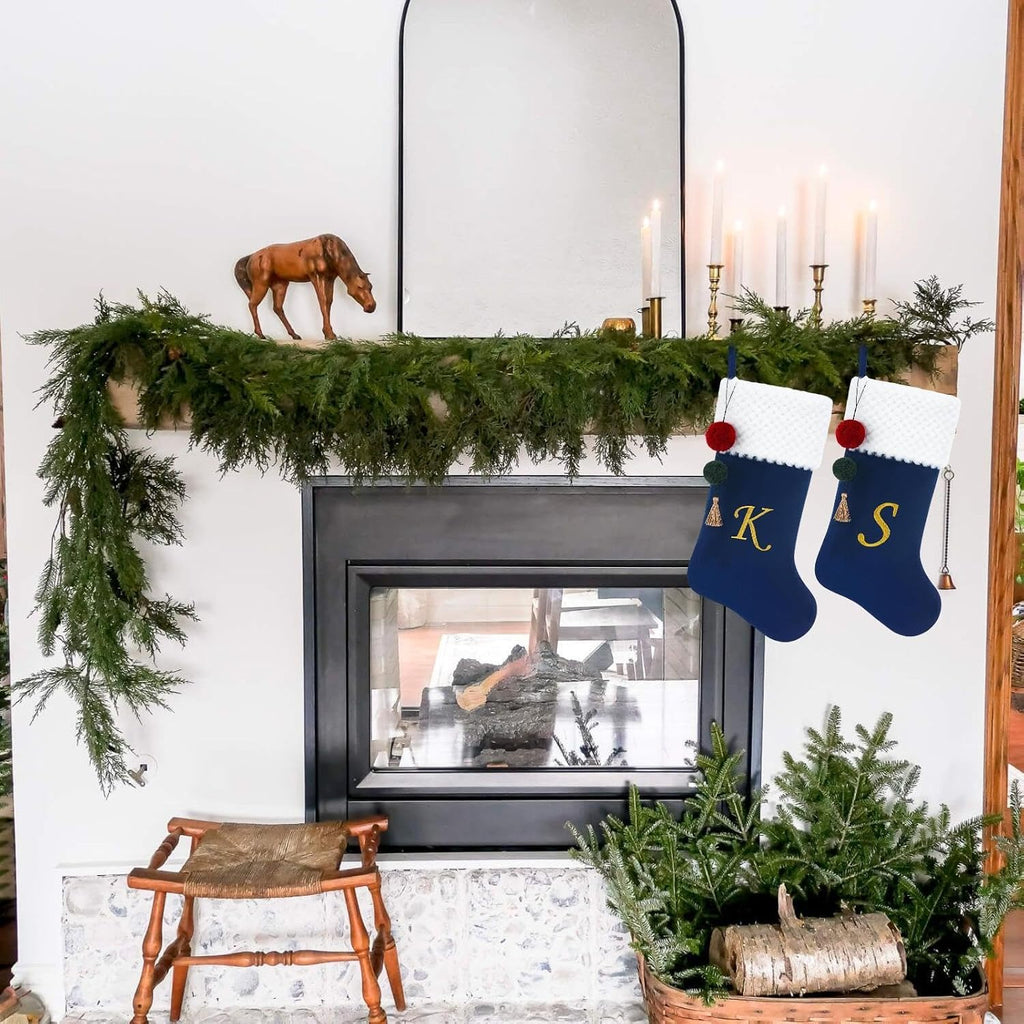 19.5" Personalized Velvet Christmas Stocking with Embroidered Initials- Fireplace Stockings, Family Holiday Xmas Party Decor (Blue S)