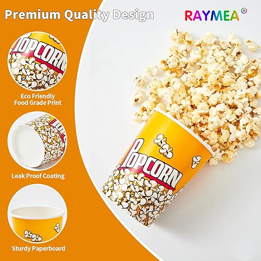 RAYMEA Popcorn Buckets Disposable 32oz Retro Style Paper Leak Proof Popcorn Containers Bowls for Family Movie Night & Party - 10 Pack