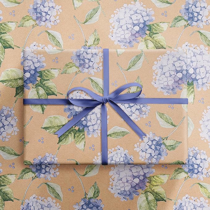 RUSPEPA 30" X 32.8' Hydrangea Wrapping Paper Large Kraft Paper Roll, Jumbo Roll, Purple Floral Kraft Gift Wrap for Women, Girl, Spring, Wedding and Mother's Day Celebration, 82 sq. ft