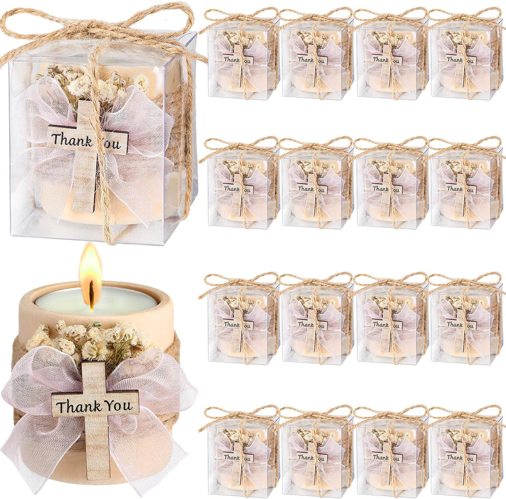 MTLEE 16 Pack Wooden Tealight Candle Holders Kit Guest Gifts for Wedding Baby Shower The First Communion Baptism Christening Housewarming Party Handmade Thank You Candle with Card Box Rope (Cute)