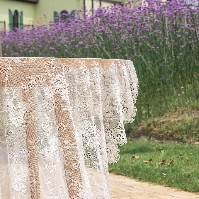TINWIN Rectangle Lace Tablecloth 60x120 Inch White Vintage Runner Eyelash Fabric for Kitchen Dining Picnic Table Wedding Decor for Home Decoration Tea Party Decor-3
