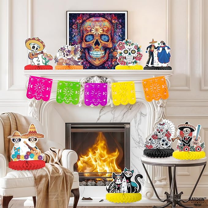 KatchOn, Day of The Dead Centerpieces - Pack of 12 | Halloween Centerpieces, Day of The Dead Decorations | Halloween Honeycomb, Day of The Dead Halloween Decorations | Dia De Los Muertos Decorations