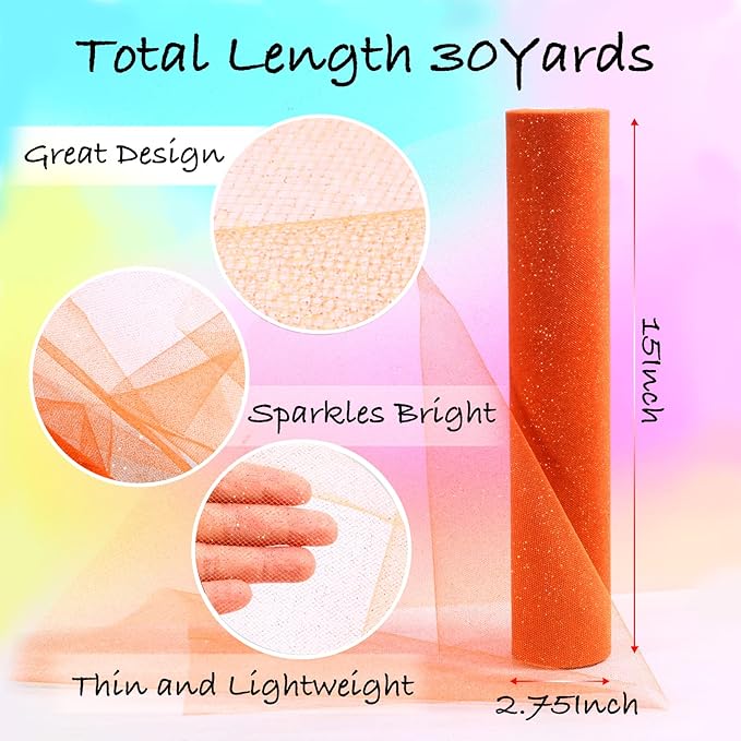 Sparkling Tulle Rolls, 15” by 30 Yards (90FT) Glitter Tulle Spool Ribbon Fabric for Wedding Birthday Bridal Shower Tutu Skirt Party Gift Wrapping (Orange)
