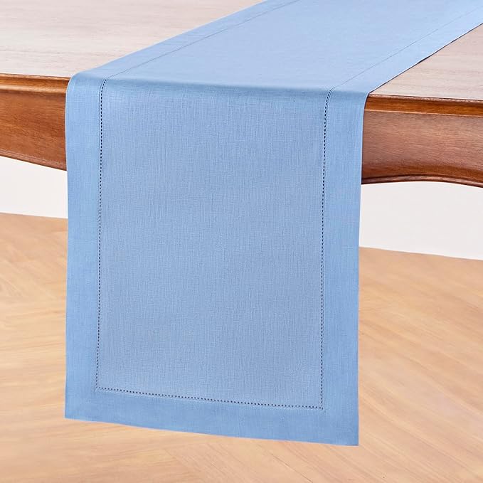 Solino Home Linen Cornflower Blue Hemstitch Table Runner 60 Inches - 100% Pure Linen Small Table Runner 14 x 60 Inch Ideal for Dresser and Coffee Tables - Classic Hemstitch - Christmas, Holiday