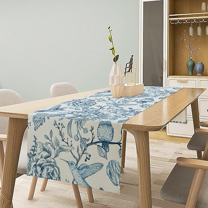 Blue White Table Runner Retro Monochrome Sketch Birds Flower Vintage Floral Kitchen Dining Table Decoration for Home Party Holiday 13"x90"