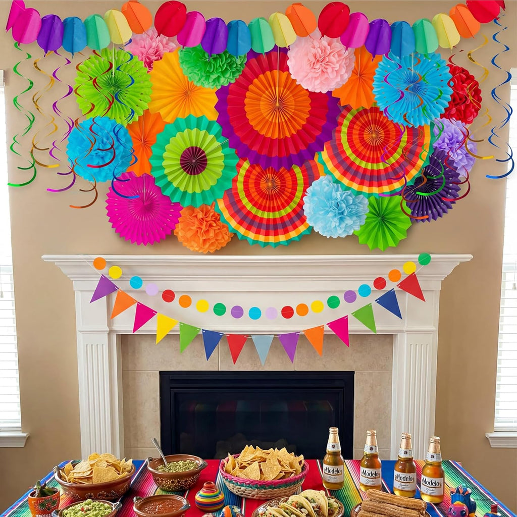 35PCS Fiesta Paper Fan Party Decorations Set | Cinco De Mayo Pom Poms, Pre-assembled Pennant, Garland String & Banner, Hanging Swirls, Hispanic Heritage Month Decor