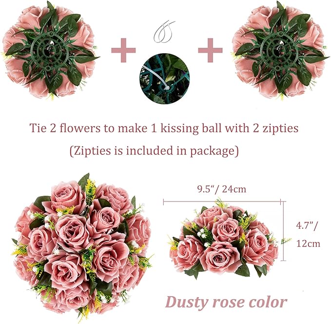 BLOSMON Dusty Pink Flowers Centerpieces: 2 Pcs Artificial Roses Flowers Balls for Wedding Dinning Table - Fake Silk Kissing Floral Arrangement for Home Party Event Decor