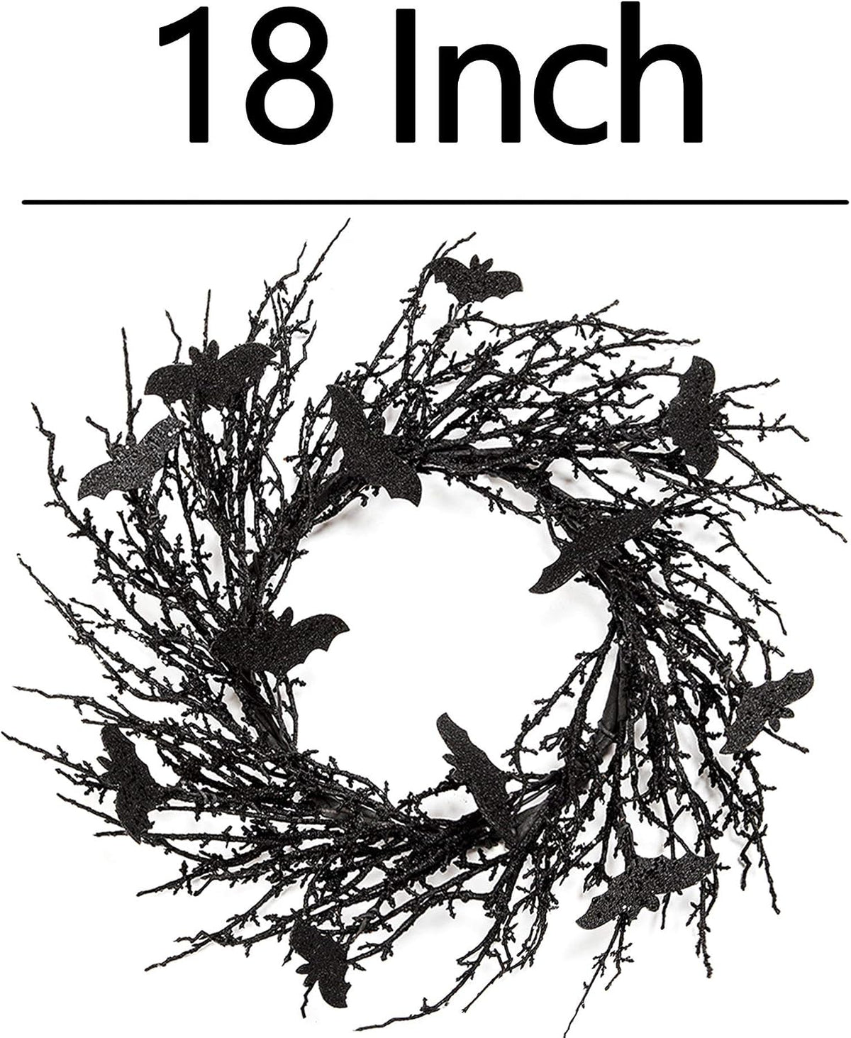 18 Inch Black Bat Wreath with Glitter Bats - Halloween Decorations