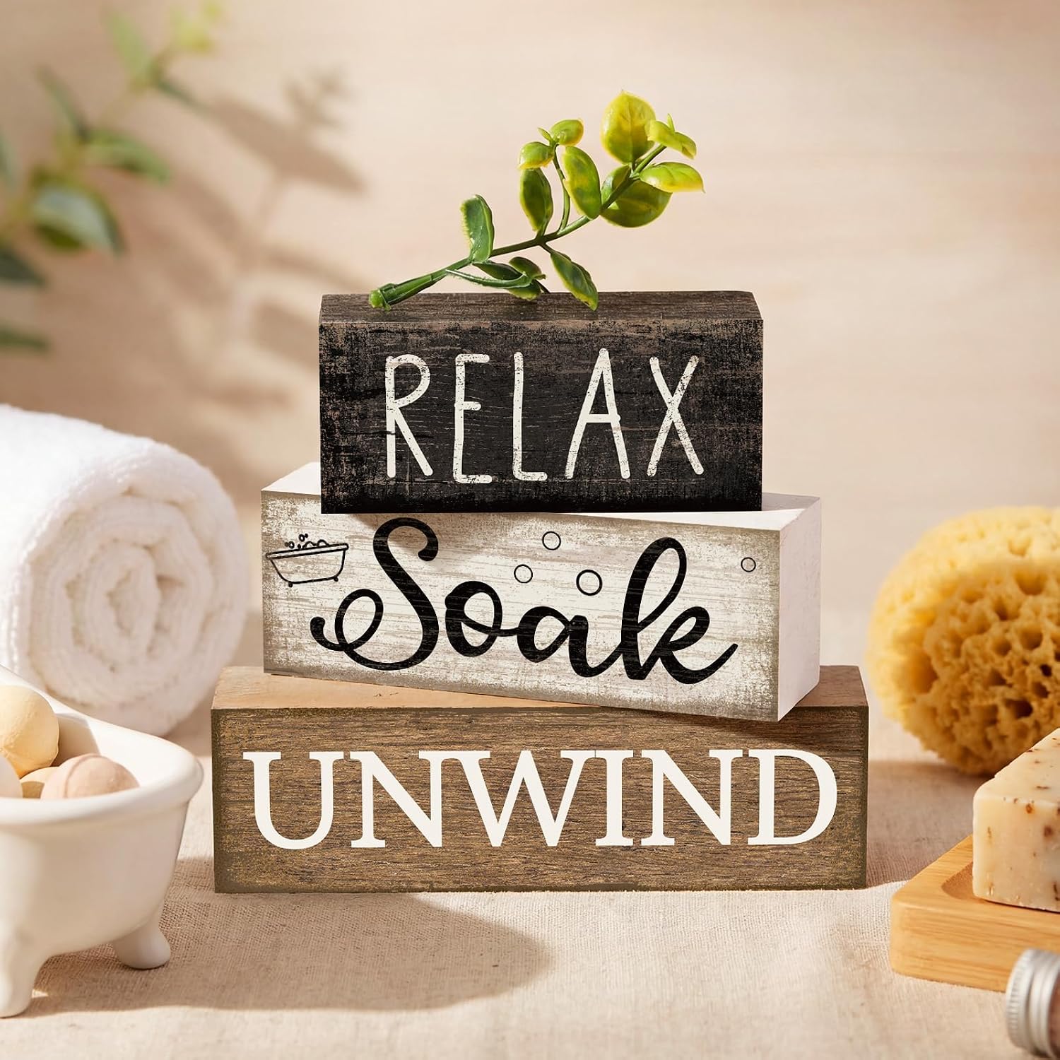 Moucuny 4 Pcs Bathroom Shelf Decor Sign Farmhouse Bathroom Decor and Accessories Rustic Eucalyptus Leaves Wood Block Sign Gift Relax Soak Unwind Farmhouse Table Centerpiece for Home Toilet