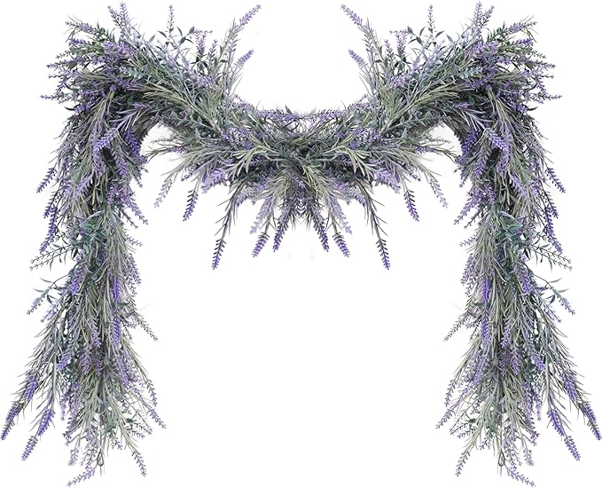 MAKHOT Spring Summer Lavender Purple Garland, 6Ft Lavender Artificial Green Garland, Fake Silver LavenderLeaves Vines for Wedding Mantle Party Arch Porch Stair Table Door Home Decor (Light Purple)