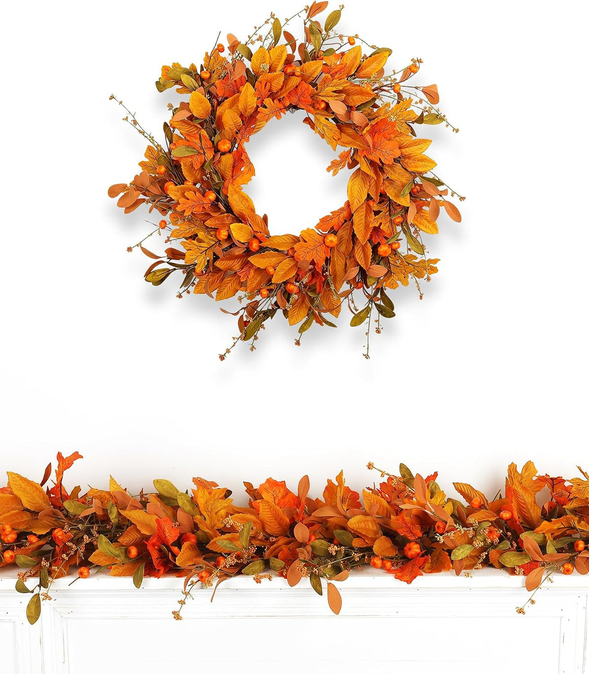 Fall Halloween Wreath for Front Door 24 inch Autumn Leaves Pumpkin
