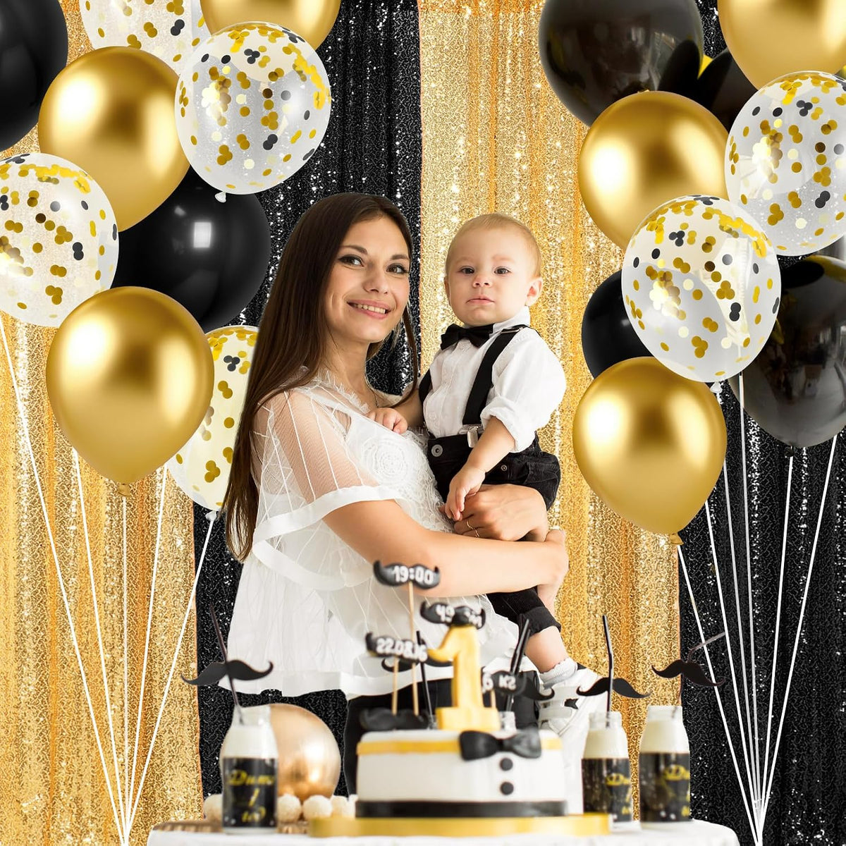 smoothnovelty 137pcs black gold sequin backdrop curtain balloon, side view