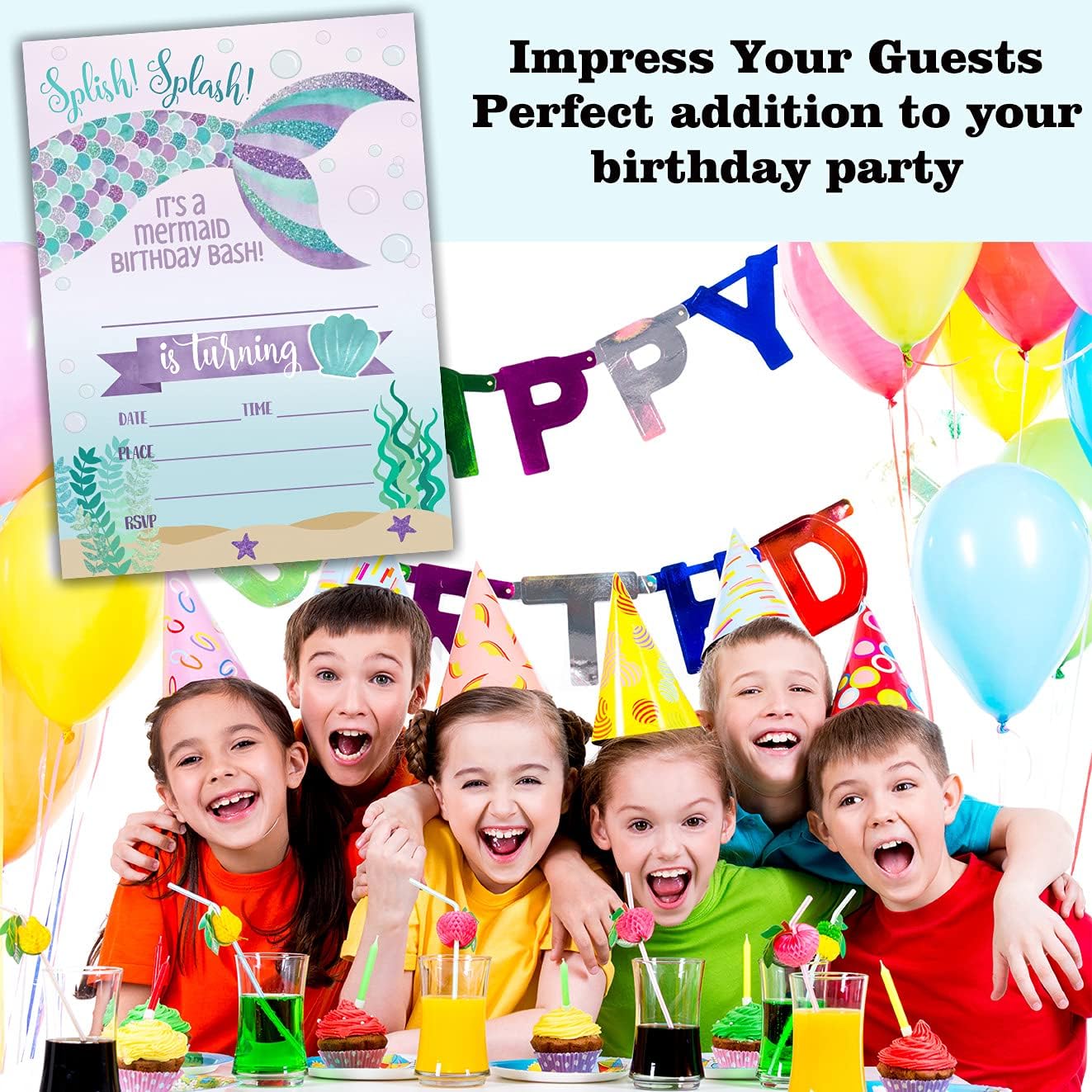Birthday Party Invitation Cards, Mermaid Party Celebration, Splish Splash It's A Mermaid Birthday Bash Invite, Party Supplies, Favors, 20 Cards With 20 Envelopes – (meiRY03)