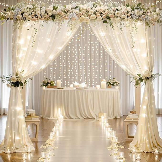 10x10ft Ivory Chiffon Backdrop Curtain with Lights String for Wedding Parites, Sheer Photo Backdrop Curtains for Baby Shower Bridal Shower Birthday Party Ceremony Reception