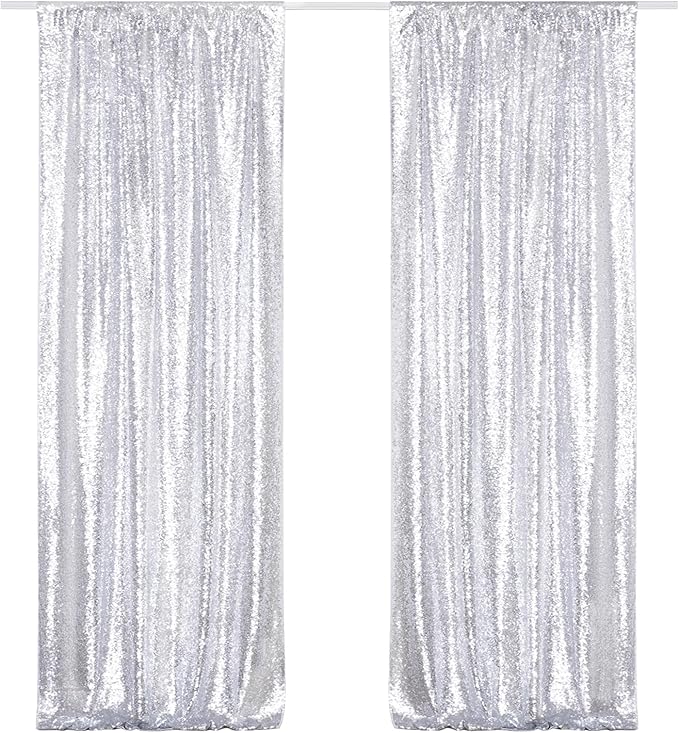 Poise3EHome Sequin Backdrop, 2 Pcs Silver 2ftx8ft Curtains for Party, Wedding, Event, Photography