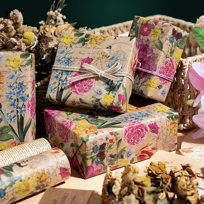 WRAPAHOLIC Kraft Floral Wrapping Paper Roll - Mini Roll - 17 Inch x 9.8 Feet - All Occasion Vintage Flower Wrapping Paper for Wedding Bridal Shower Birthday