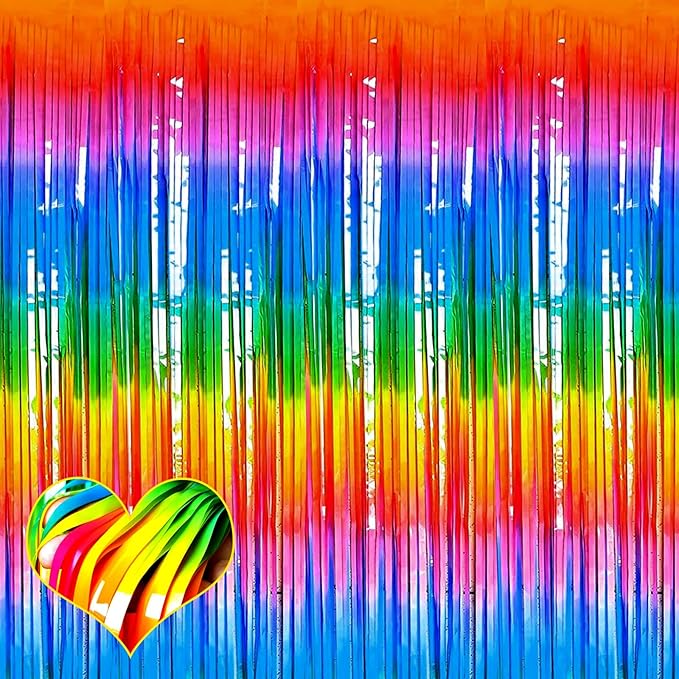 4 Pack New Dark Rainbow Fringe Curtain Backdrop, 3.2Ft x 6.6Ft Metallic Tinsel Foil Fringe Streamers Background for Photo Booth Birthday Wedding Carnival Easter Mother’s Day Party Decorations