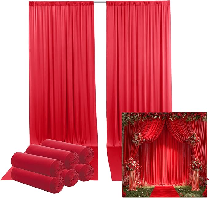 30ftx12ft Wrinkle Free Red Backdrop Curtain, 6 Panels 12FT Height Red Wedding Backdrop Drapes, Silky Polyester Back Drop Cloth for Birthday Photography Background Party Backdrop Draping
