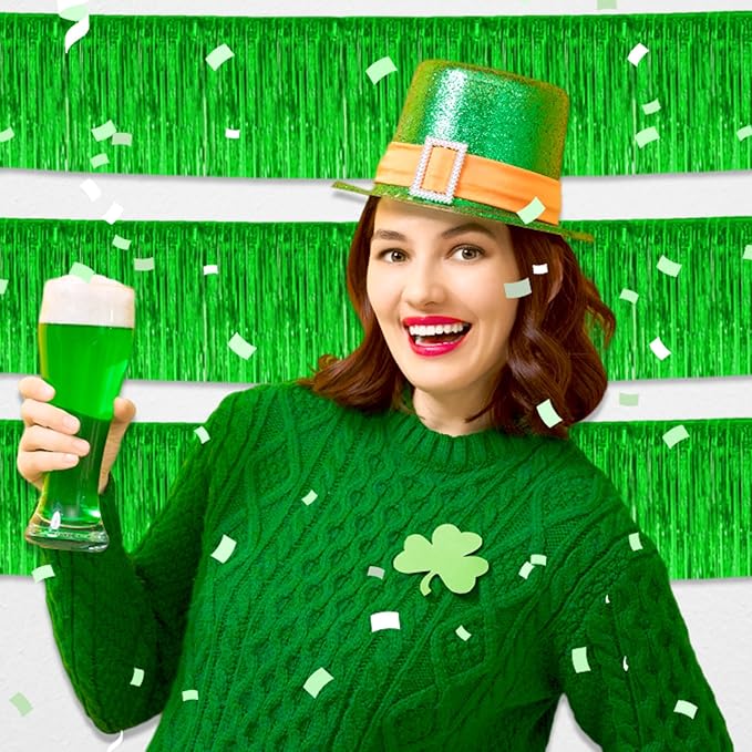 4 Pack 10 Feet Green Foil Fringe Garland Metallic Tinsel Streamers Banner Wall Hanging Curtain Backdrop for Parade Floats, Wedding, Graduate, Mother's Day, Birthday Party Decoration