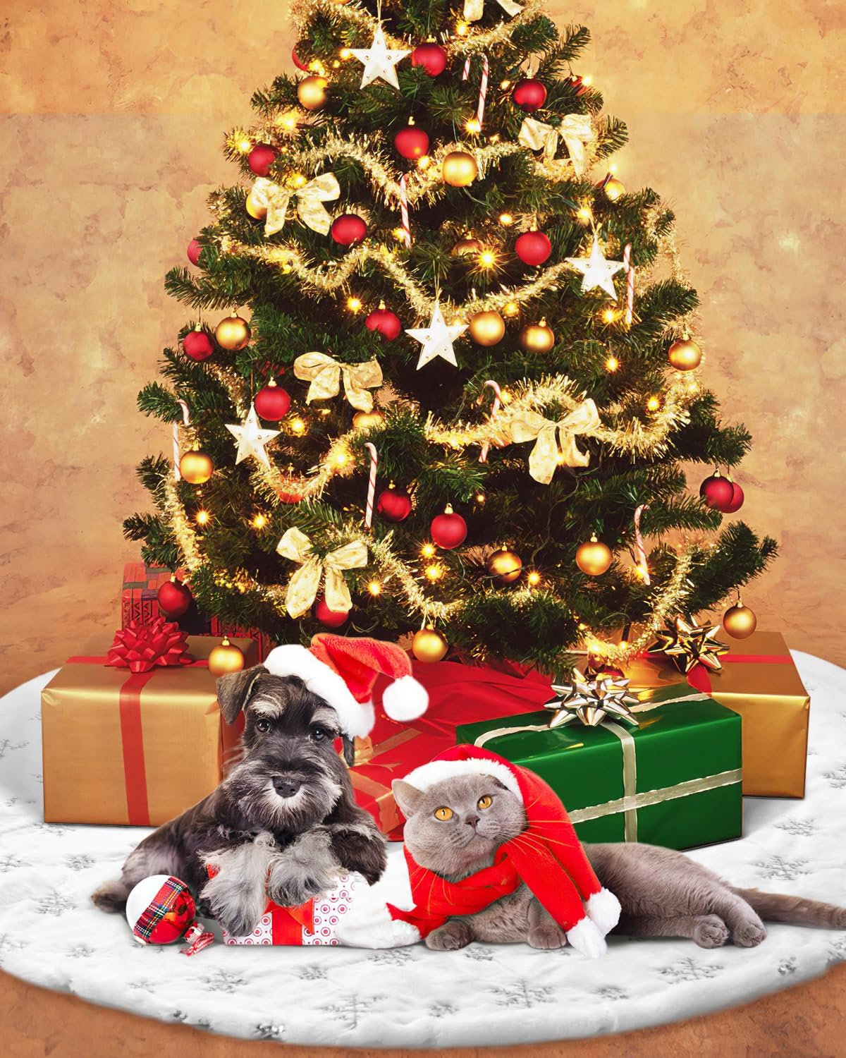 COOLWUFAN 72 Inches Faux Fur Christmas Tree Skirt for Xmas Tree Holiday Party Decorations White Plush Silver Sequin Snowflake (Silver)