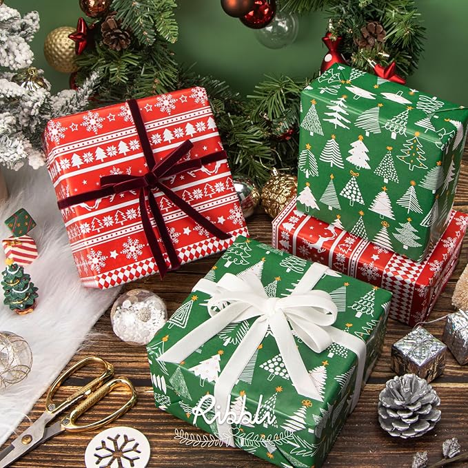 Ribbli Christmas Wrapping Paper Reversible Green Christmas Tree and Red Reindeer Gift Wrapping Paper Rolls Holiday Presents Decoration-17 Inch x 33 Feet