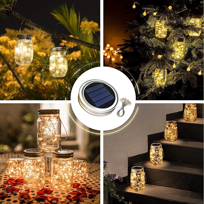 12 Pack Solar Mason Jar Lights for Outside, 30 LED Solar Mason Jar Lids Fairy Lights with 12 Hangers(No Jars) Outdoor Waterproof for DIY Patio Garden Yard Lawn Party Wedding Decoration Warm White