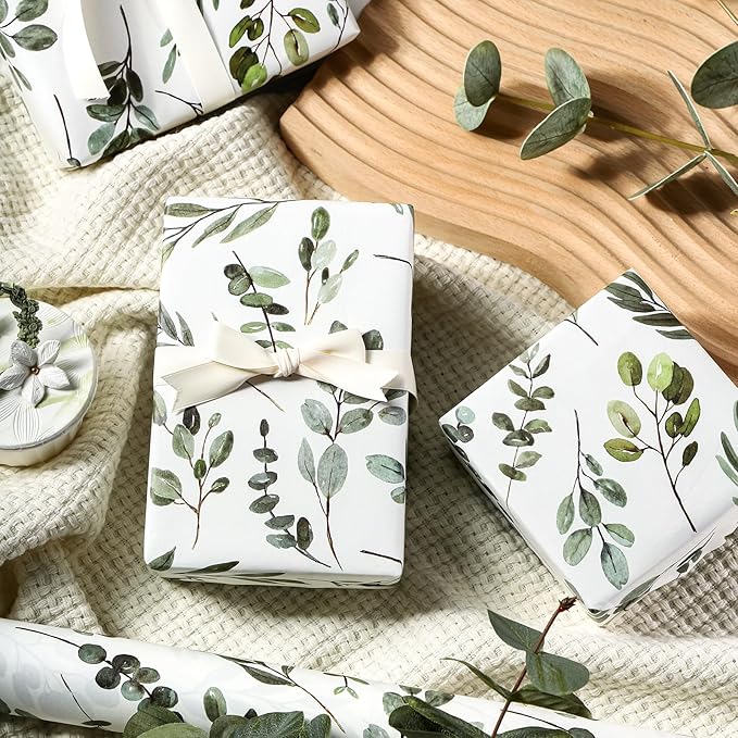 WRAPAHOLIC Kraft Wrapping Paper - Mini Roll - 17 Inch x 16.5 Feet - Eucalyptus Leaves Wrapping Paper for Wedding, Birthday, Bridal Shower, Tea Party, Drawer Liners, Home Closet Shelves