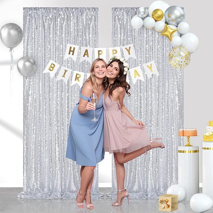Sequin Backdrop Curtains 6ft x 8ft Silver Background Wedding Decoration Panels Giltter Curtains for Birthday Party 2 Pcs 3ftx8ft