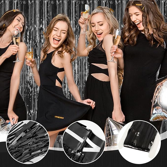 24 Pack Halloween Black Metallic Foil Fringe Curtains, 3.2ft x 8.2ft Foil Fringe Curtain Backdrop Foil Streamers Party Supplies Tinsel Curtain Backdrop for Parties/Halloween/Photo Booth
