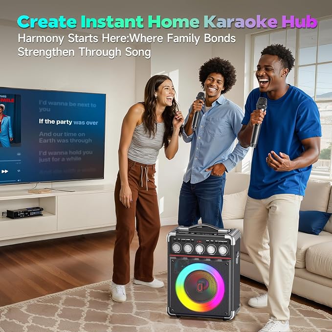 Karaoke Machine with 2 Wireless Mics for Adults Kids | Bluetooth 5.3 Speaker with Bass/Treble/Echo Adjustment | PA System with Disco Lights & Remote Control, Supports TV/TF Card/USB/AUX/Live